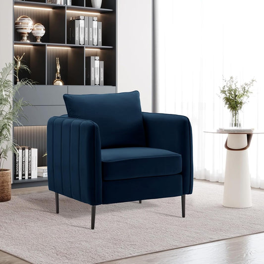 Modern Velvet Accent Chair, Single Sofa Chairs Armchair with Square Arm, Upholstered Accent Chairs for Living Room, Bedroom, Apartment (Navy Chair)-0