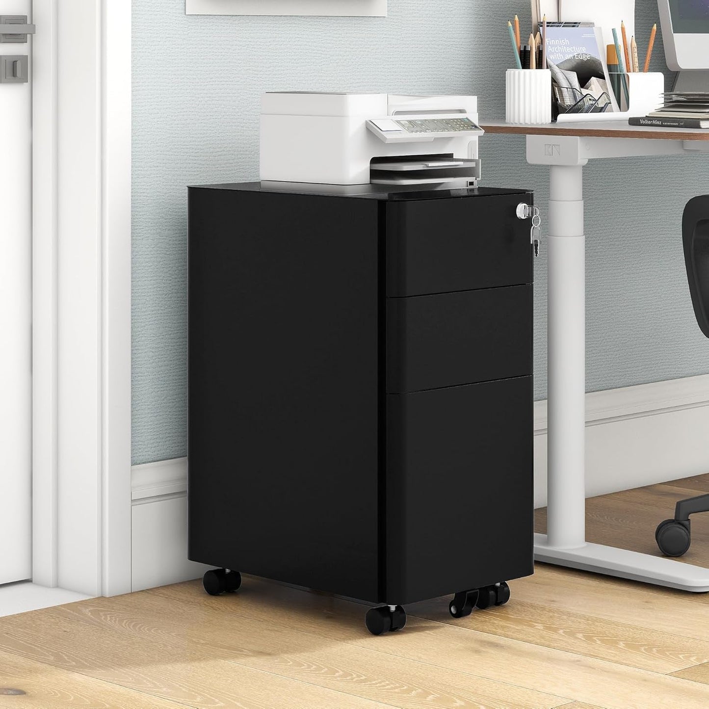 3-Drawer Vertical File Cabinet, Mobile Filing Cabinet with Lockable, Pre-Assembled Compact Slim File Cabinet, Portable Office Storage for A4/Letter/Legal Documents (Black)-1