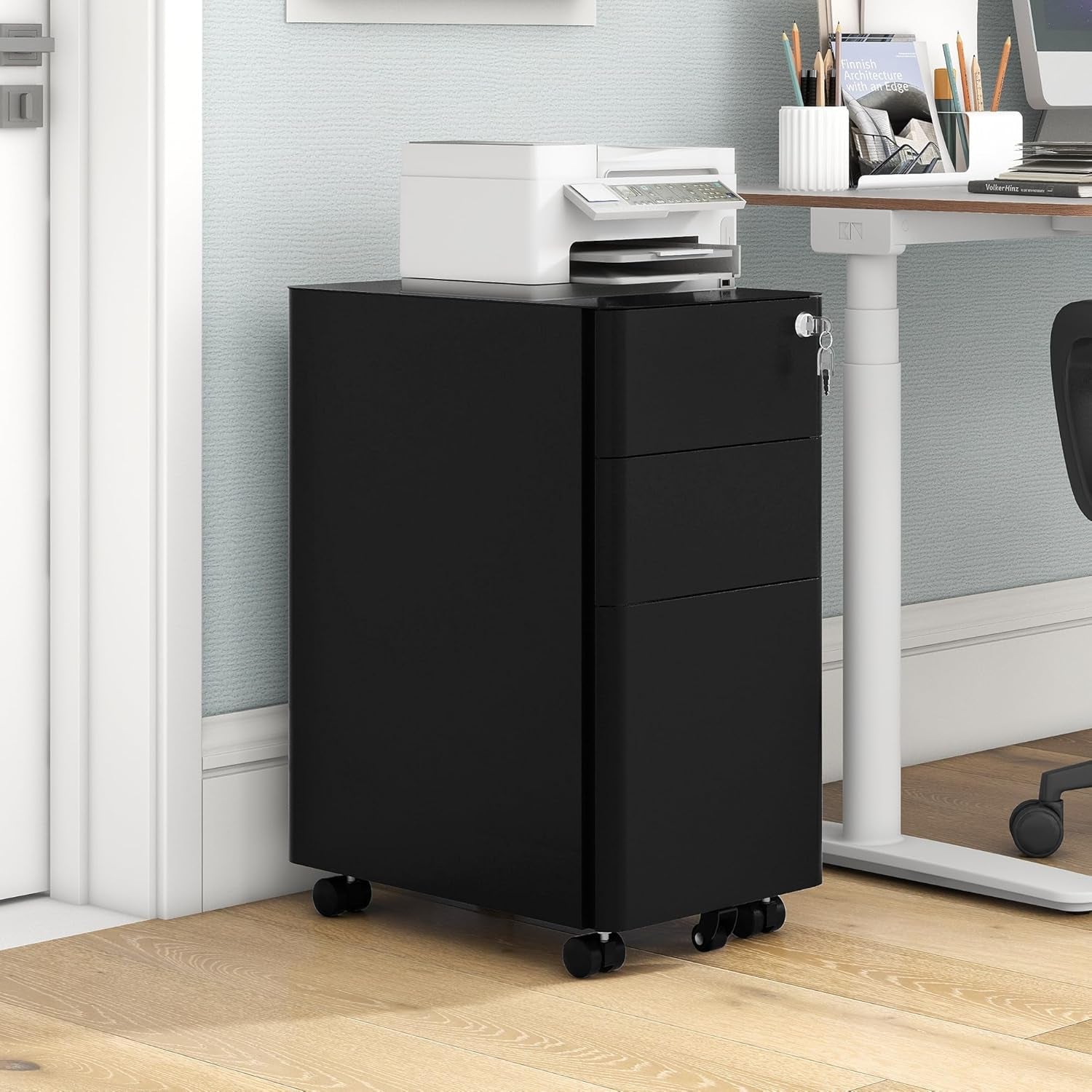 3-Drawer Vertical File Cabinet, Mobile Filing Cabinet with Lockable, Pre-Assembled Compact Slim File Cabinet, Portable Office Storage for A4/Letter/Legal Documents (Black)-1