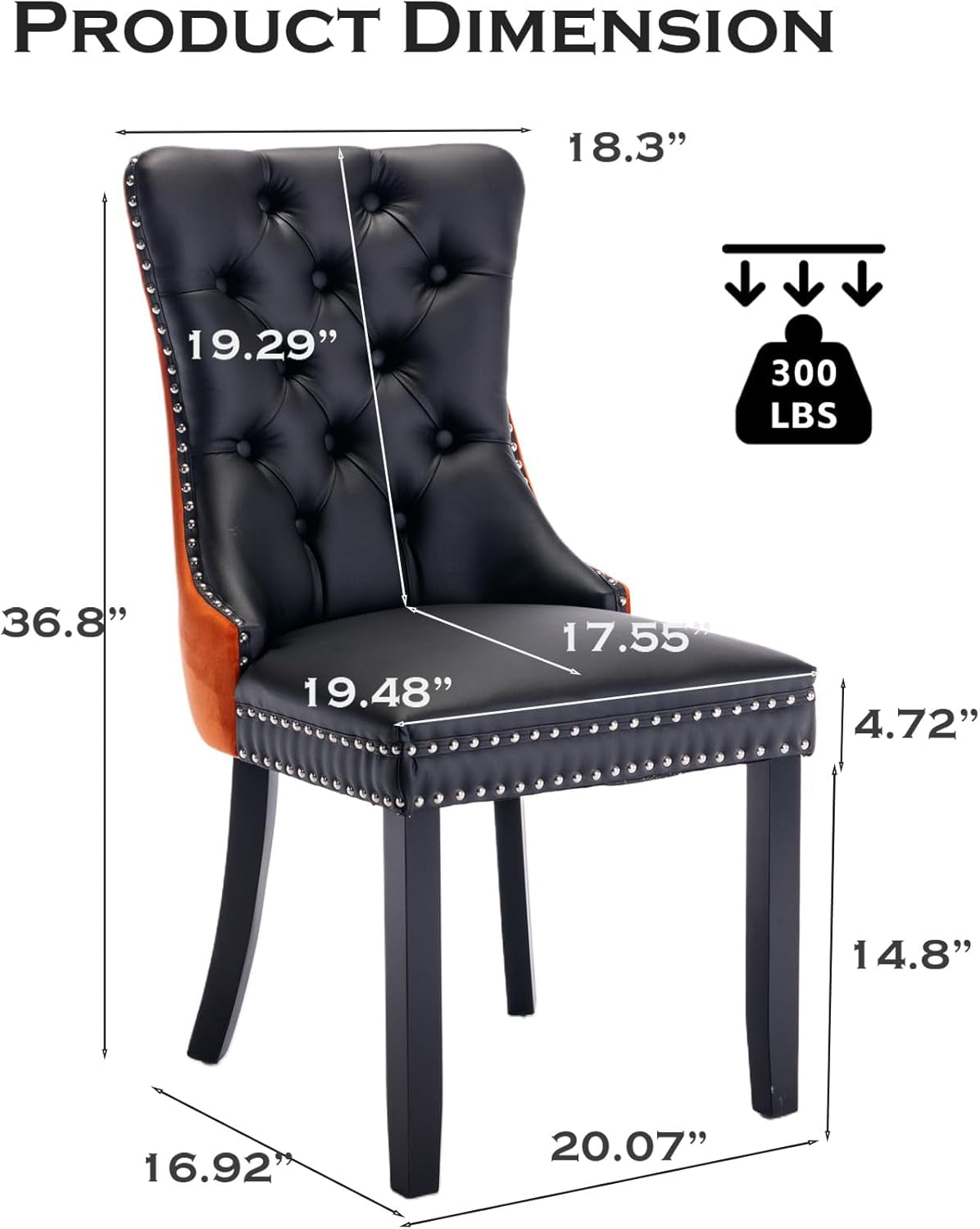 Leather Dining Chair Set of 2 Upholstered Tufted Dining Room Chair with Nailhead Trim and Solid Wood Legs for Kitchen, Restaurant, Black&Orange-1