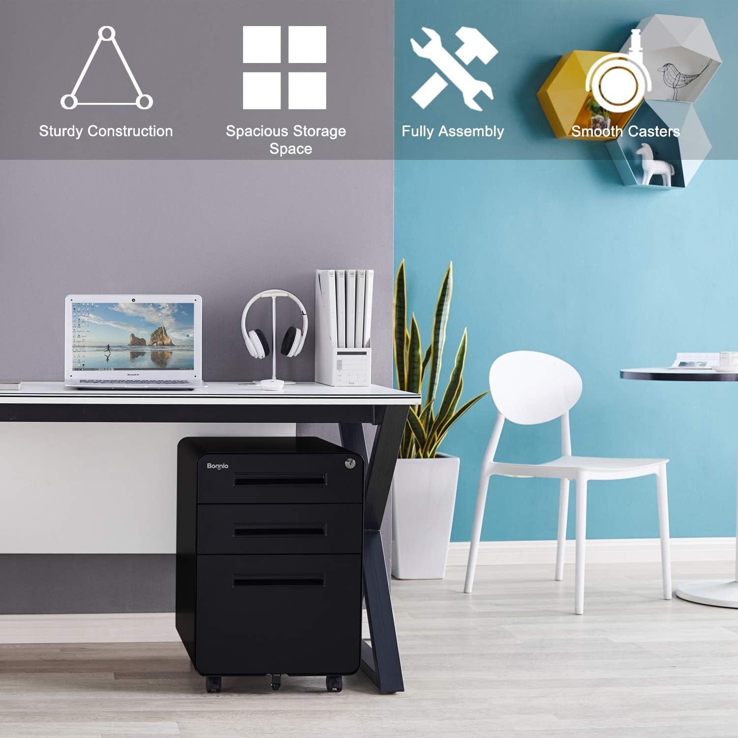 23.8" H 3 Drawer Rolling File Cabinet with Lock, Mobile File Cabinet under Desk with Pencil Tray, Black Locking File Cabinet for Home Office, Metal Filing Cabinet Printer Stand Fully Assembled-2