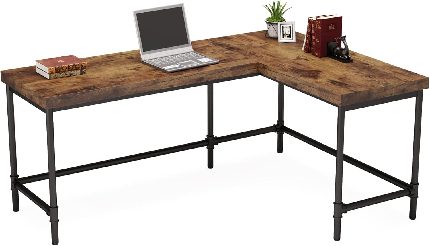 L-Shaped Desk, 67 Inch Industrial Reversible Corner Computer Office Desk PC Laptop Study Table Workstation with Metal Pipe Legs for Home Office (Rustic Brown)-0