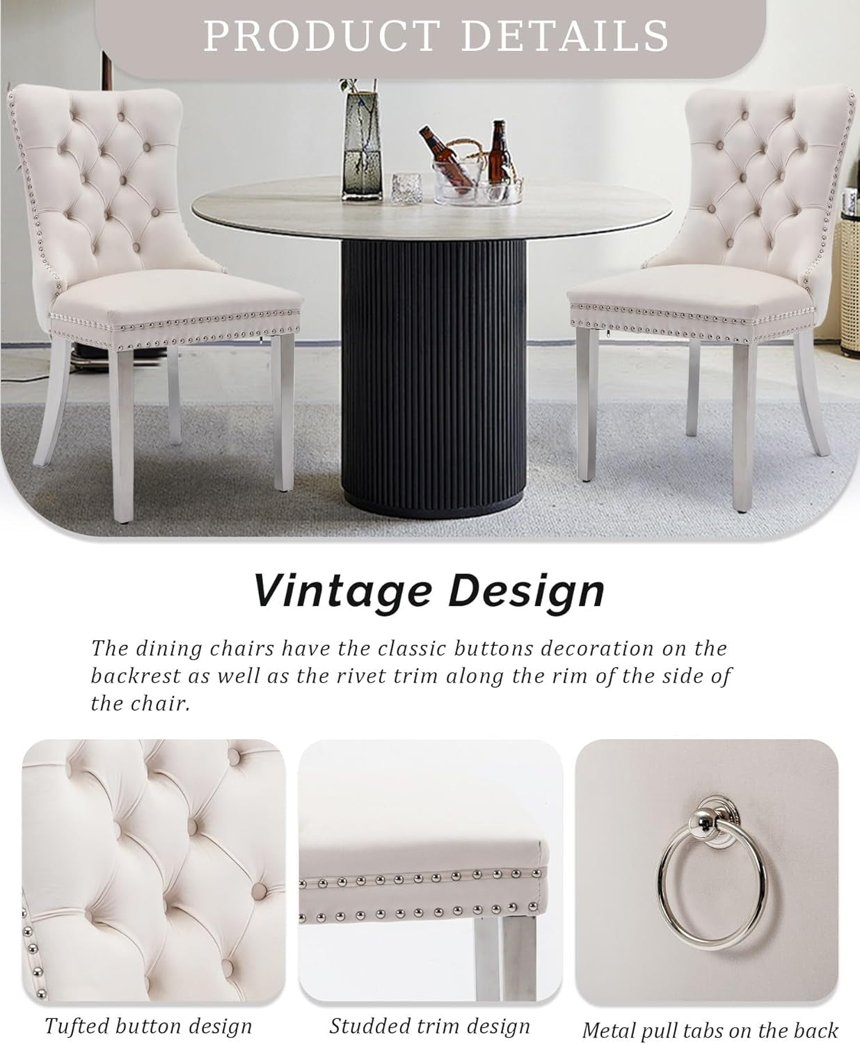 Velvet Dining Chair Set of 2 Upholstered Tufted Dining Room Chair with Nailhead Trim and Stainless Steel Silver Plated Legs for Kitchen, Restaurant, Beige-4