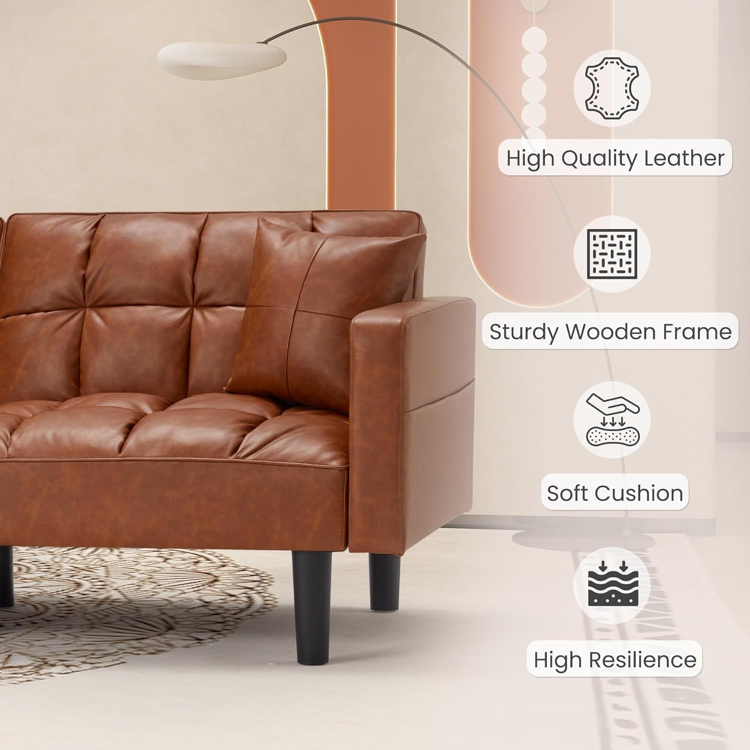 Faux Leather Futon Couch, Convertible Sofa Bed with Adjustable Back, Modern Sleeper Sofa for Living Room, Brown-3