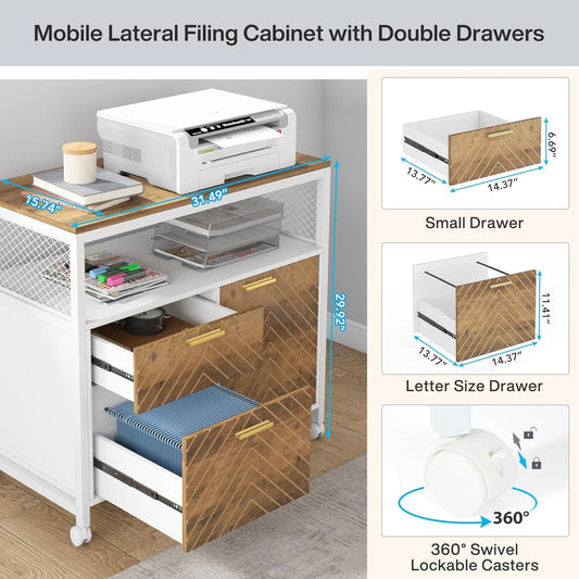 Modern File Cabinet with Drawers for Letter-Sized File and Door, Lateral Filing Cabinet Printer Stand with Storage Shelves and with Rolling Caster for Home Office-1