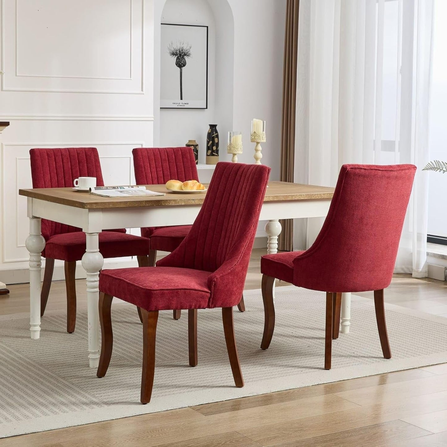 Velvet Dining Chairs Set of 4,Comfy Fabric Upholstered Accent Chairs for Kitchen Living Room,Channel Tufted Dining Room Chairs with Curved Solid Wood Legs(Wine Red)-1