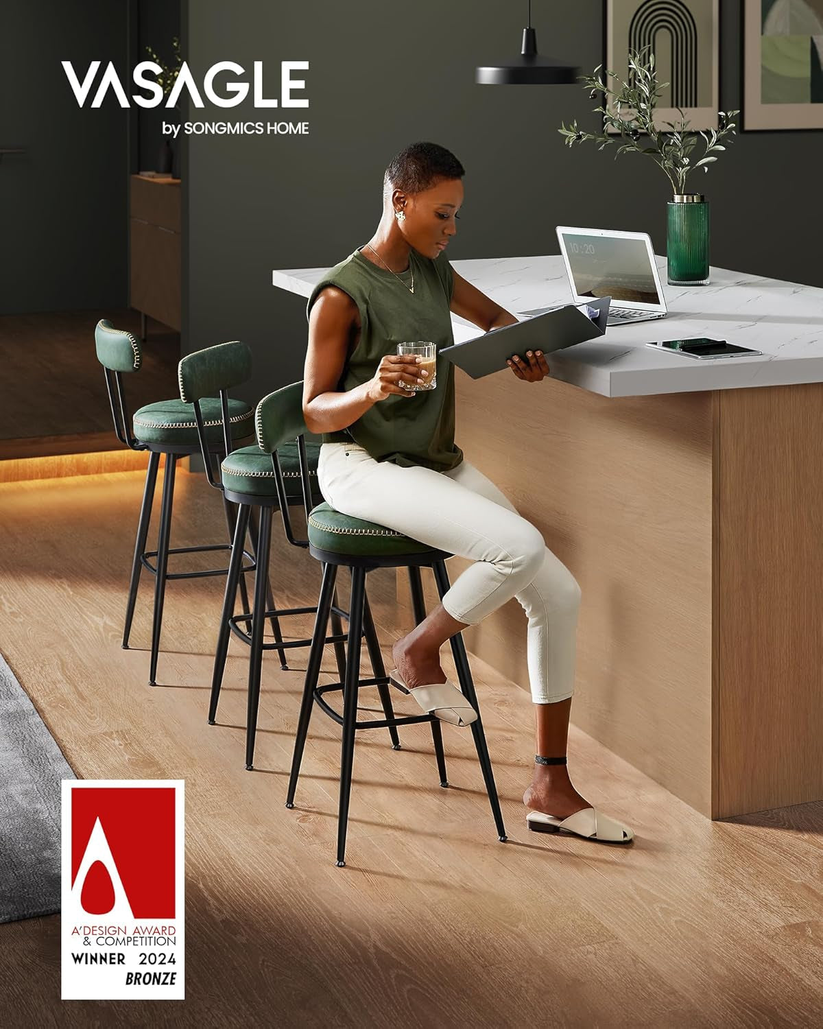 EKHO Collection - Bar Stools Set of 2, Bar Height Swivel Bar Stools with Back, Synthetic Leather with Stitching, Mid-Century Modern, 30-Inch Tall Barstools for Kitchen Home Bar, Forest Green-3