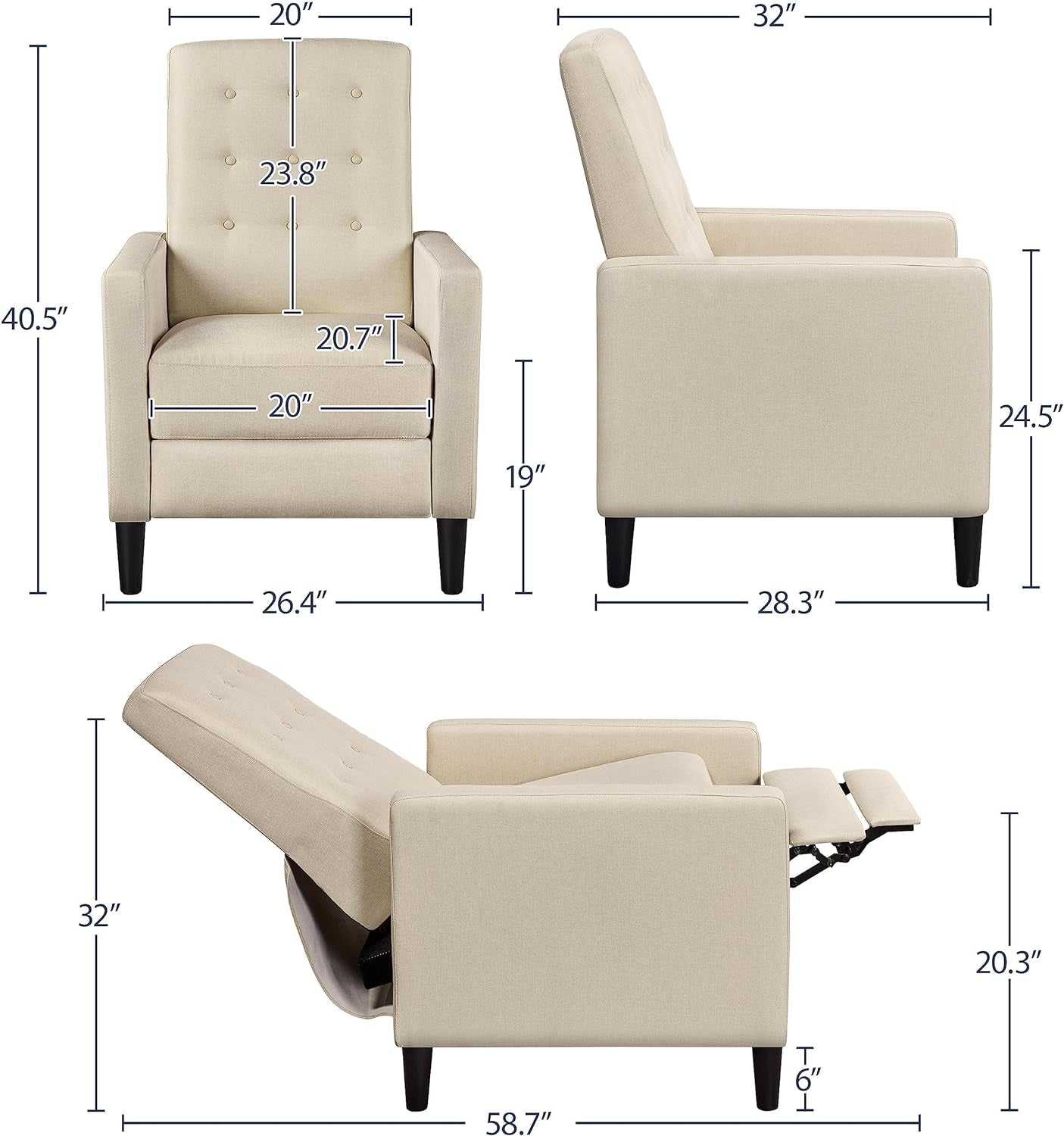 Fabric Recliner Chair Mid-Century Modern Recliner Adjustable Single Recliner Sofa with Thicker Seat Cushion Tufted Upholstered Sofa with Pocket Spring for Living Room Bedroom Beige-2