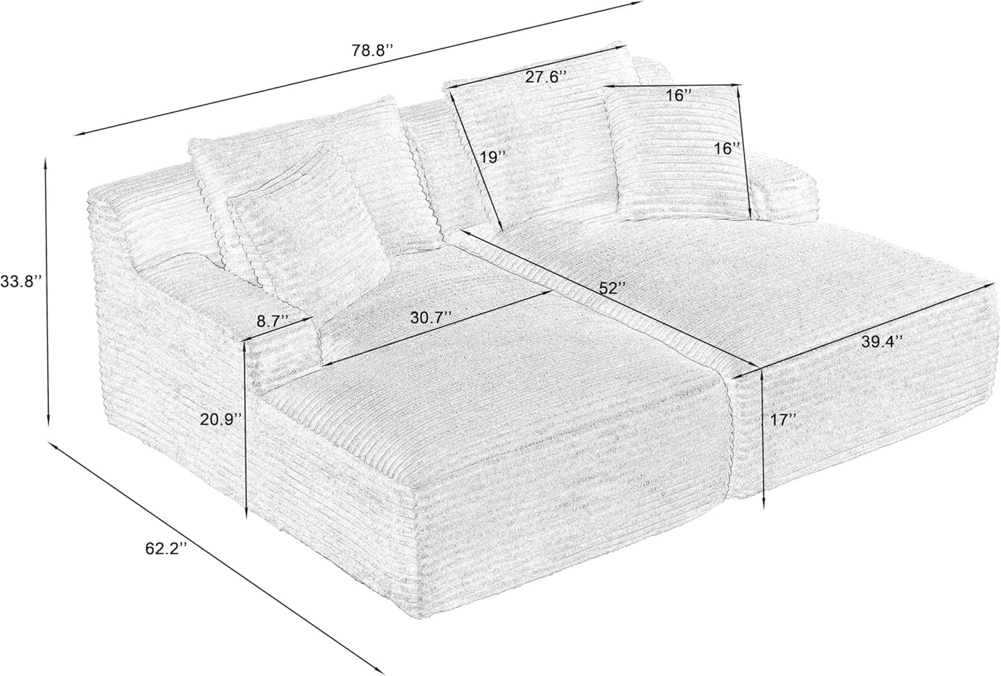 Oversized Double Chaise Lounge Loveseat Cozy Cloud Couch, Fluffy Corduroy Upholstered Sleeper Sectional Sofa Lounger Daybed with Throw Pillows and Wide Armrest for Living Room, No Assembly Required-1