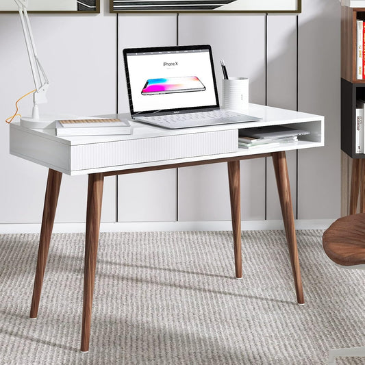 White Writing Desk with Drawers Mid Century Modern Desk, Wood Office Desk Computer Desk Vanity Desk for Small Space, White Desk with Walnut Legs-0
