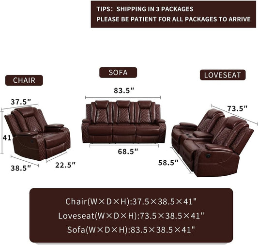 Living Room Furniture Set Brown Breathing Reclining Leather Sofa Living Room Power Recliner Adjustable Manual Sofa with UPS Ports/Led Light/Wireless Charger for Living Room, Office, Rv Car-1
