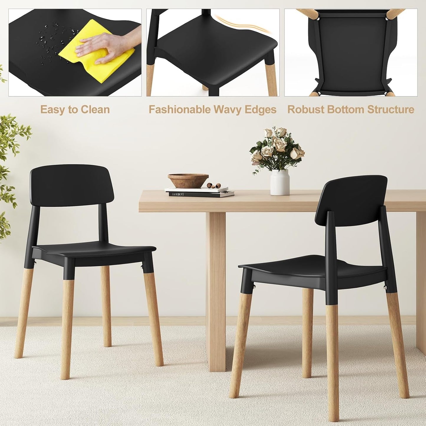Wooden Dining Chairs Set of 4, Modern Dining Side Chairs Set W/Ergonomic Backrest, Wide Seat & Sturdy Wooden Legs, Armless Kitchen Chairs for Dining Room Living Room Restaurant Cafe (Black)-4