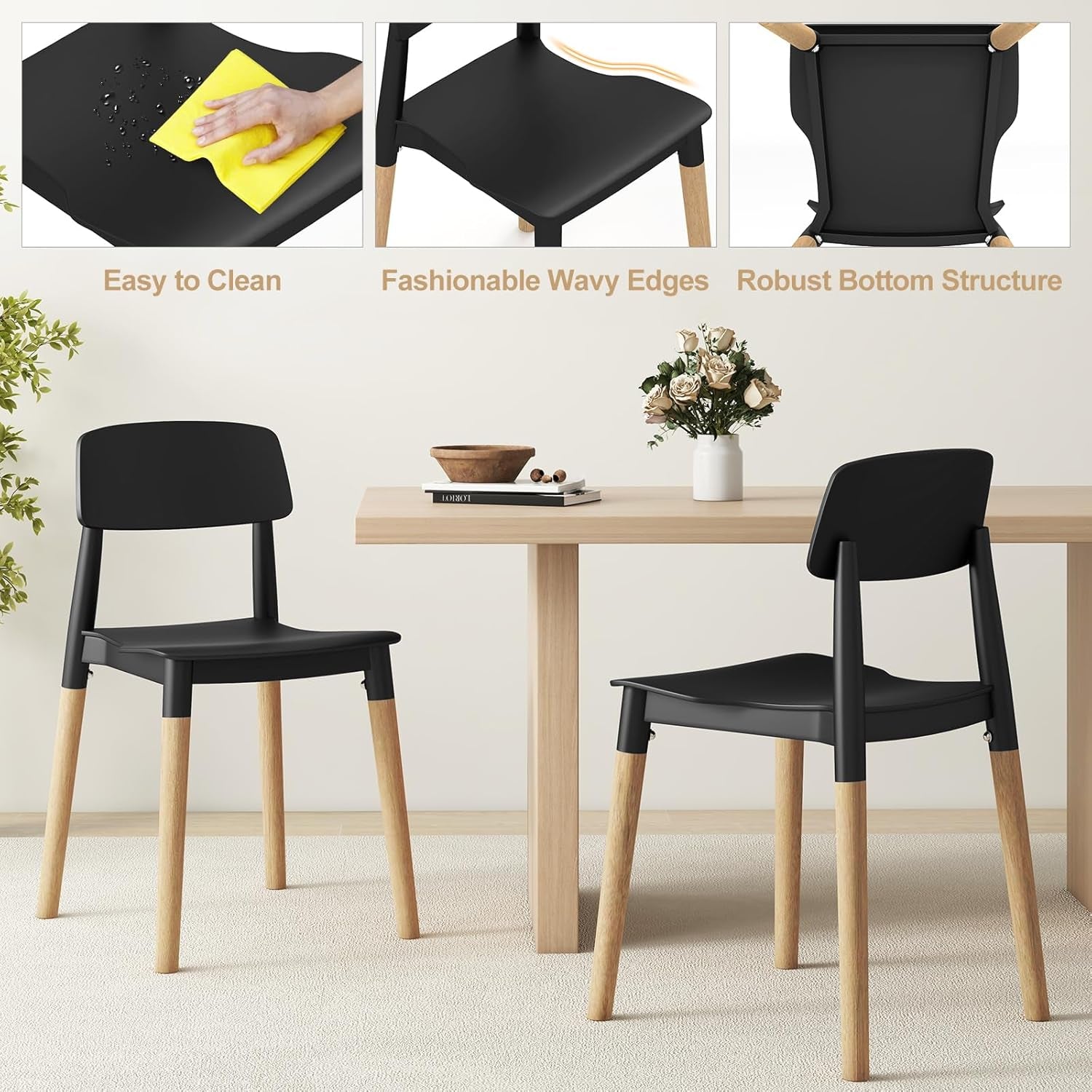 Wooden Dining Chairs Set of 4, Modern Dining Side Chairs Set W/Ergonomic Backrest, Wide Seat & Sturdy Wooden Legs, Armless Kitchen Chairs for Dining Room Living Room Restaurant Cafe (Black)-4