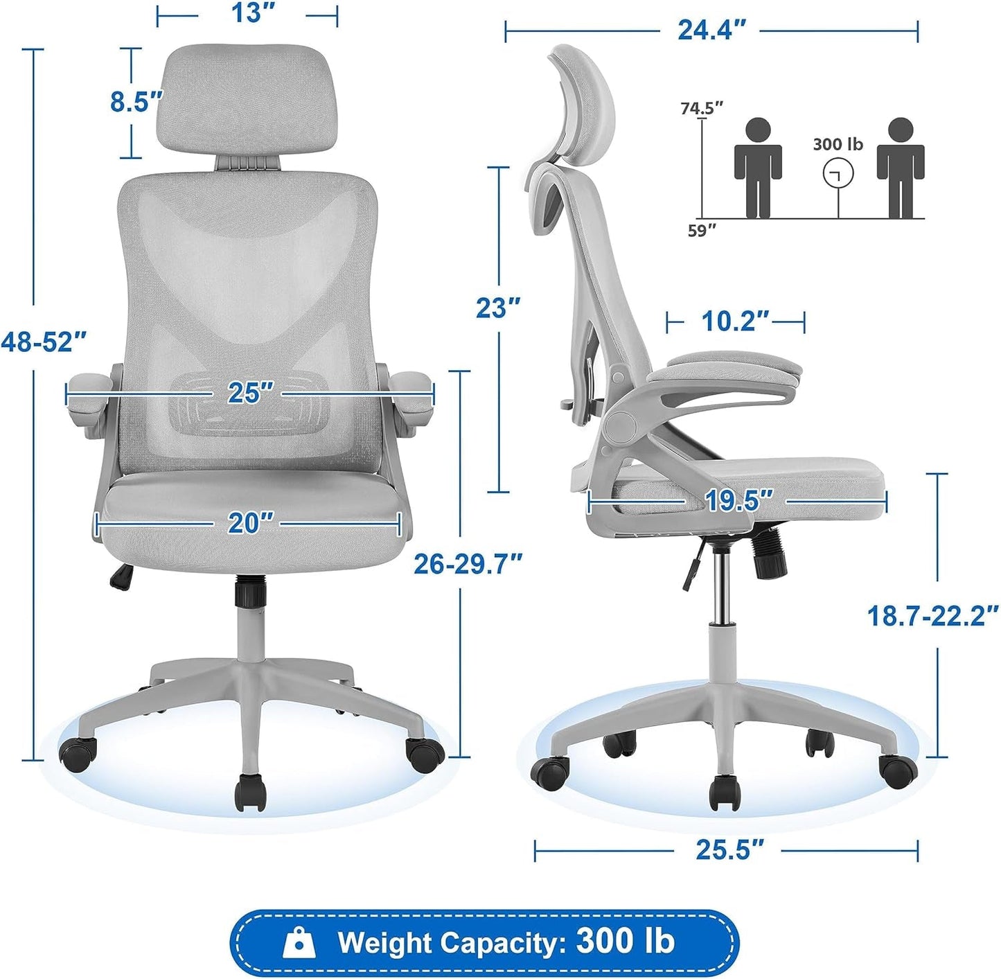 Ergonomic Mesh Office Chair, High Back Desk Chair with with Flip-Up Armrests, Adjustable Padded Headrest Computer Chair with Lumbar Support for Home Oiffce Game Room, Full Gray-2