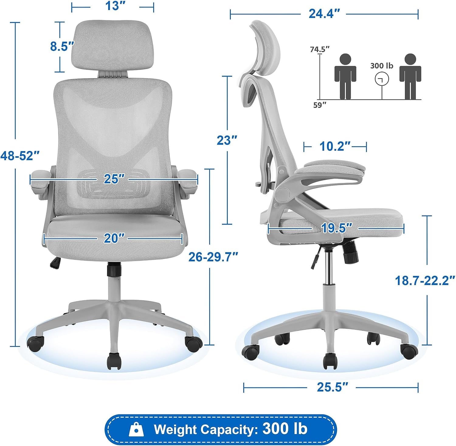 Ergonomic Mesh Office Chair, High Back Desk Chair with with Flip-Up Armrests, Adjustable Padded Headrest Computer Chair with Lumbar Support for Home Oiffce Game Room, Full Gray-2