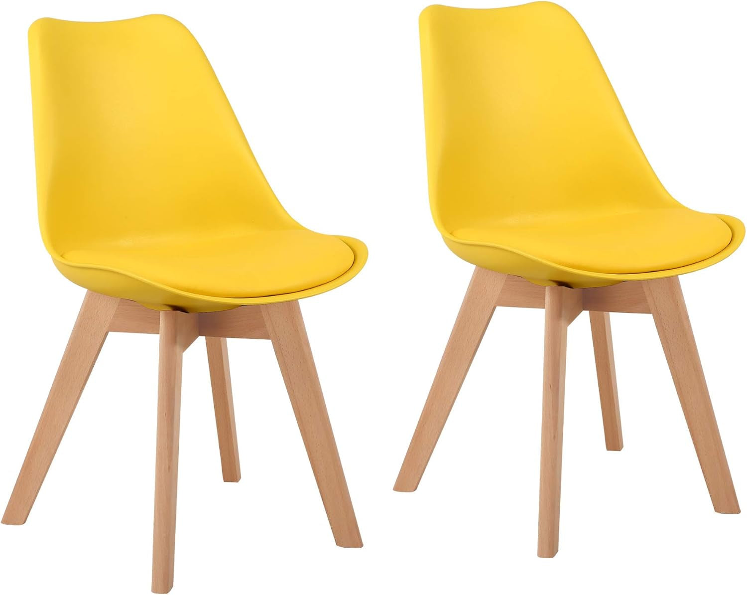 Modern Style Chair Dining, Shell Lounge Plastic Chair with Chairs Natural Wood Legs (Set of 2 Yellow)-0