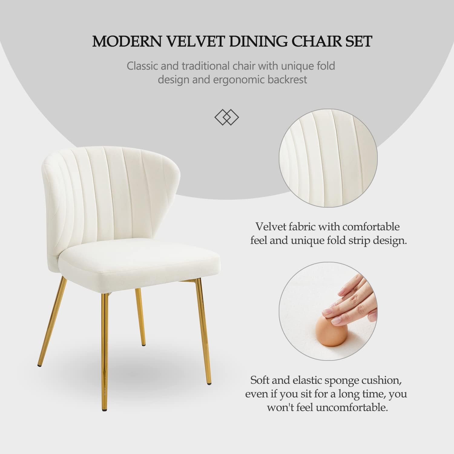White Velvet Dining Chairs Set of 4, Modern Dining Chairs with Golden Metal Legs, Tufted Upholstered Dining Chairs for Dining Room/Kitchen/Vanity-2