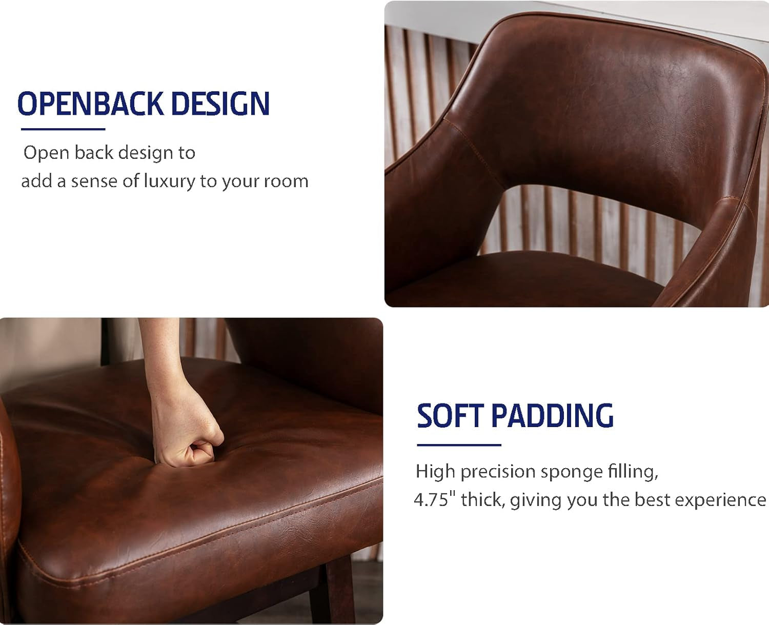 28" PU Leather Counter Height Bar Stool Swivel Farmhouse Bar Stool with Wood Legs Open Back Footrest for Kitchen Island, Brown-4