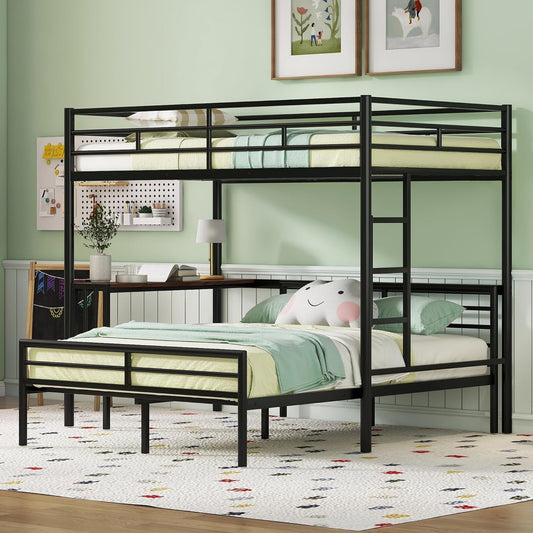 Metal Twin over Full Bunk Bed Frame with Desk, Loft Platform Mattress Foundation with Steel Slat Support Storage Space-0