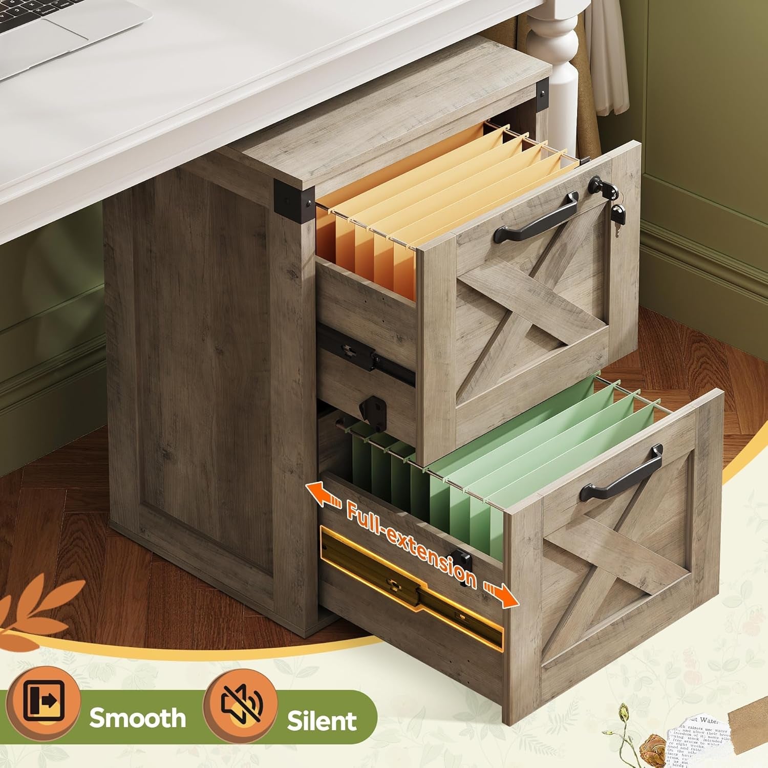 2 Drawer File Cabinet with Lock, Wood Farmhouse Filing Cabinet for Home Office, Printer Stand Fits Letter and A4 Size, Gray Oak-3