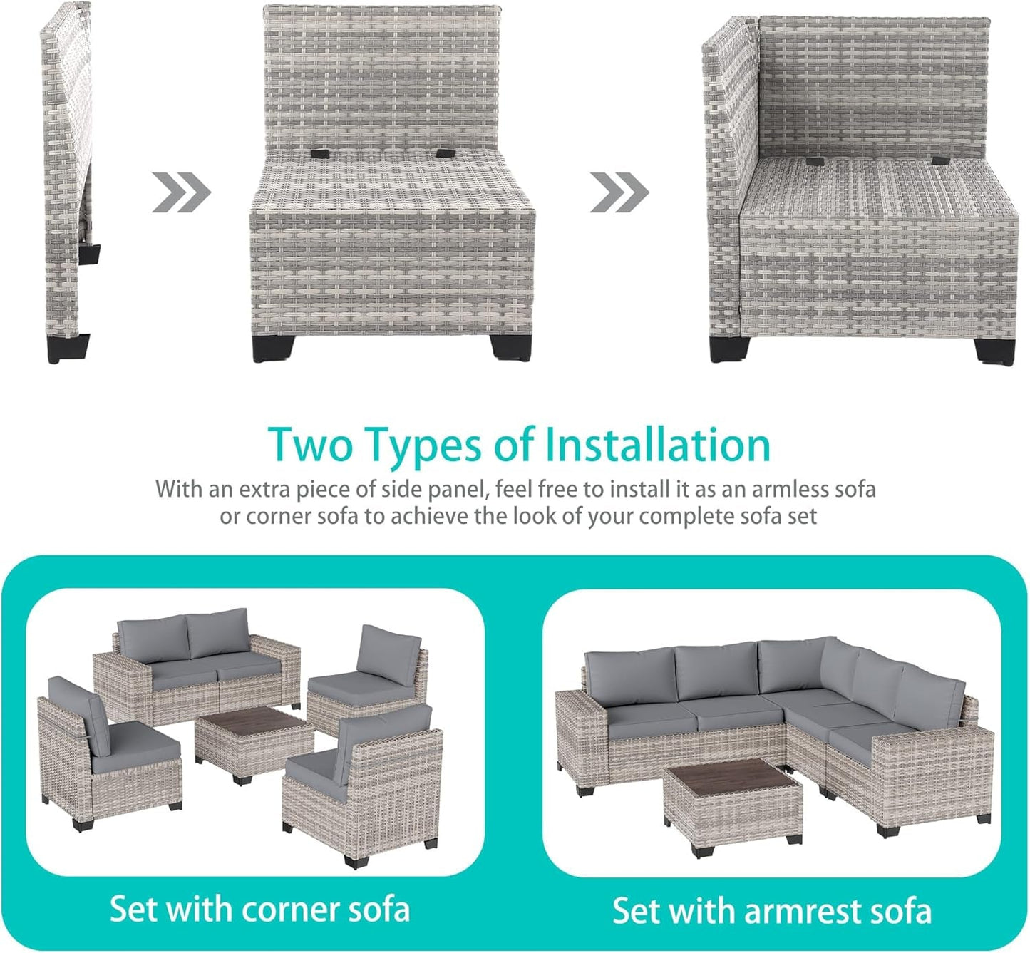 6-Piece Outdoor Patio Furniture Set Wicker Sectional Sofa Set, Patio Conversation Set with Thickened Cushions & Coffee Table for Garden, Backyard, Poolside, Grey-3