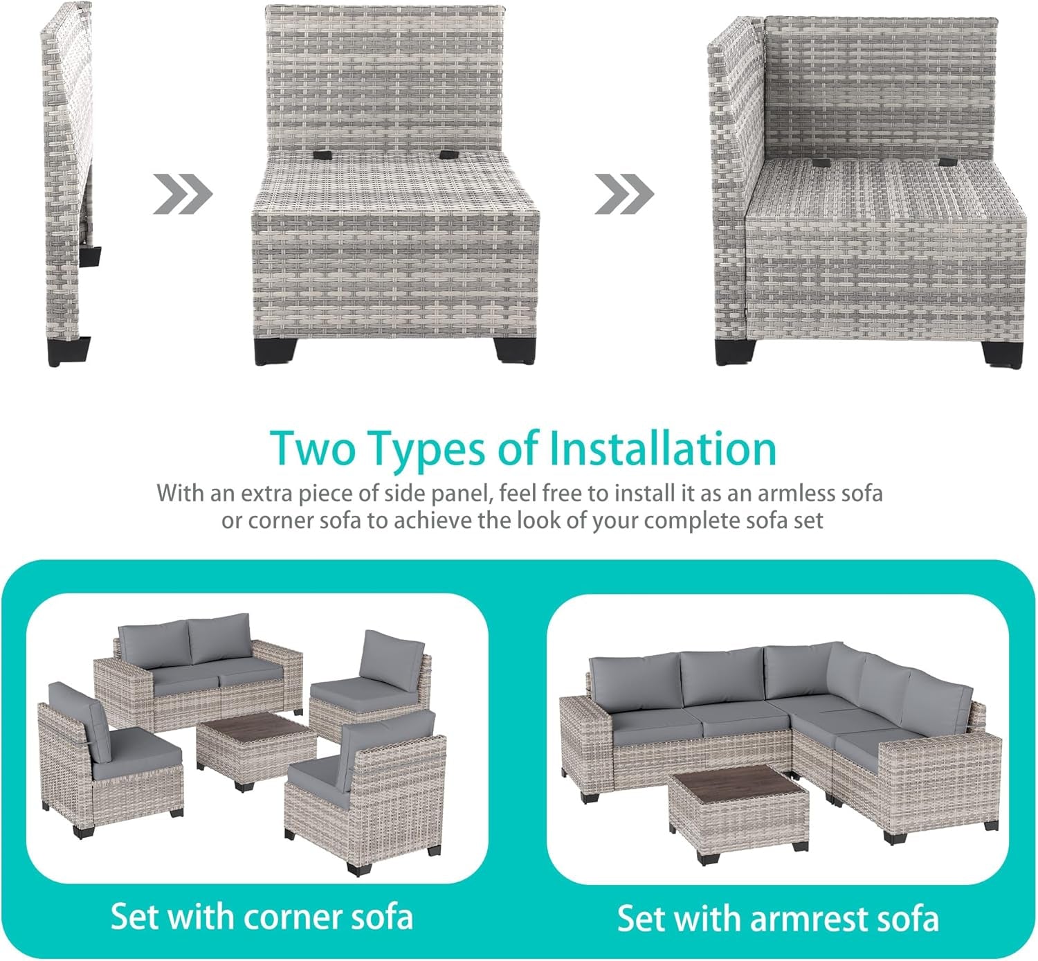 6-Piece Outdoor Patio Furniture Set Wicker Sectional Sofa Set, Patio Conversation Set with Thickened Cushions & Coffee Table for Garden, Backyard, Poolside, Grey-3