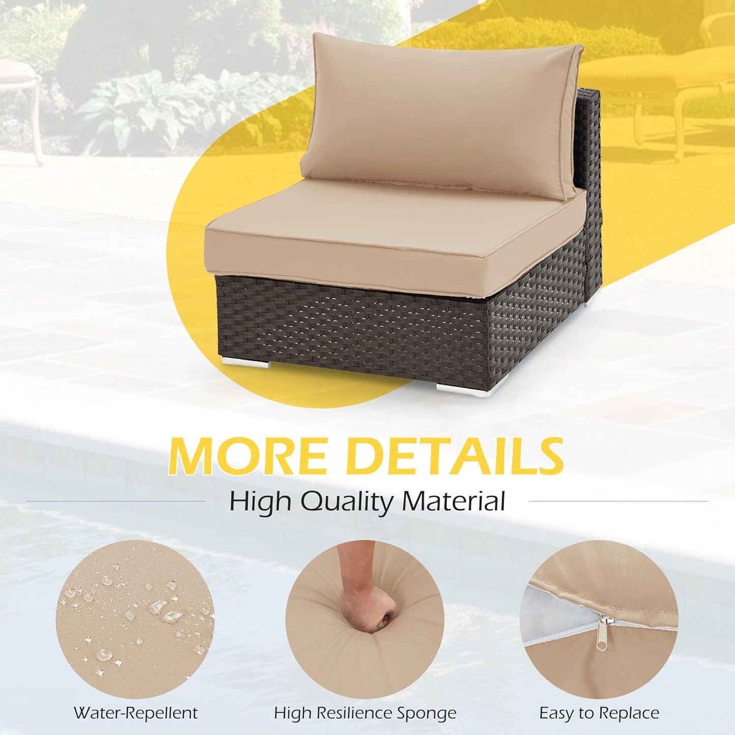 Outdoor Replacement Cushions for Patio Furniture,Water-Repellent Sofa Cushion for 6-Seat Rattan Wicker Sectional Patio Conversation Sets,14-Piece Cushions Set for Outdoor Couch (Khaki)-4