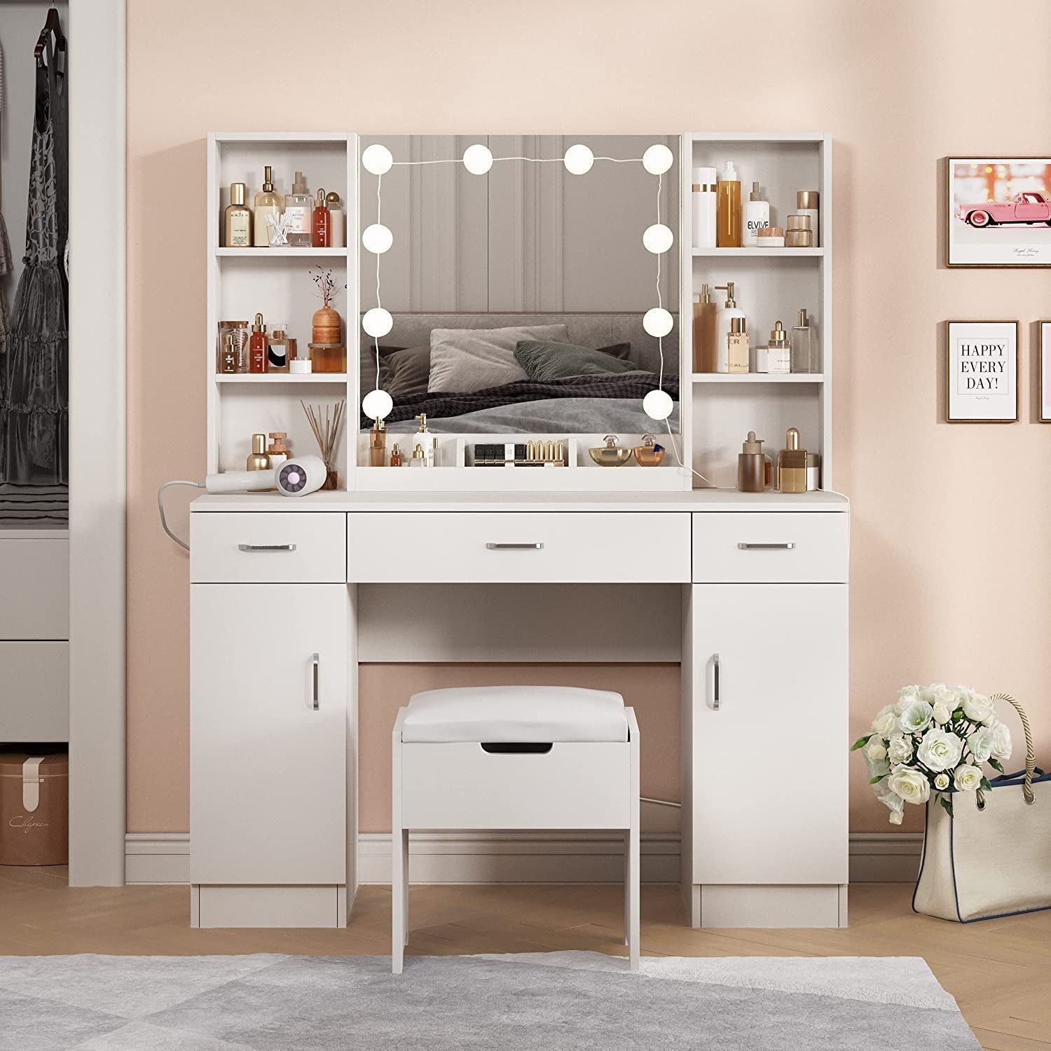 Makeup Vanity Desk with Lights, 3 Drawers, Shelves (White)-0