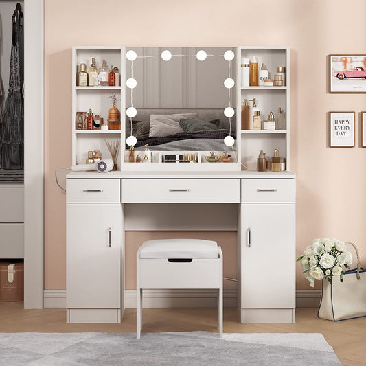 White Vanity Set with Drawers and Cabinets-0