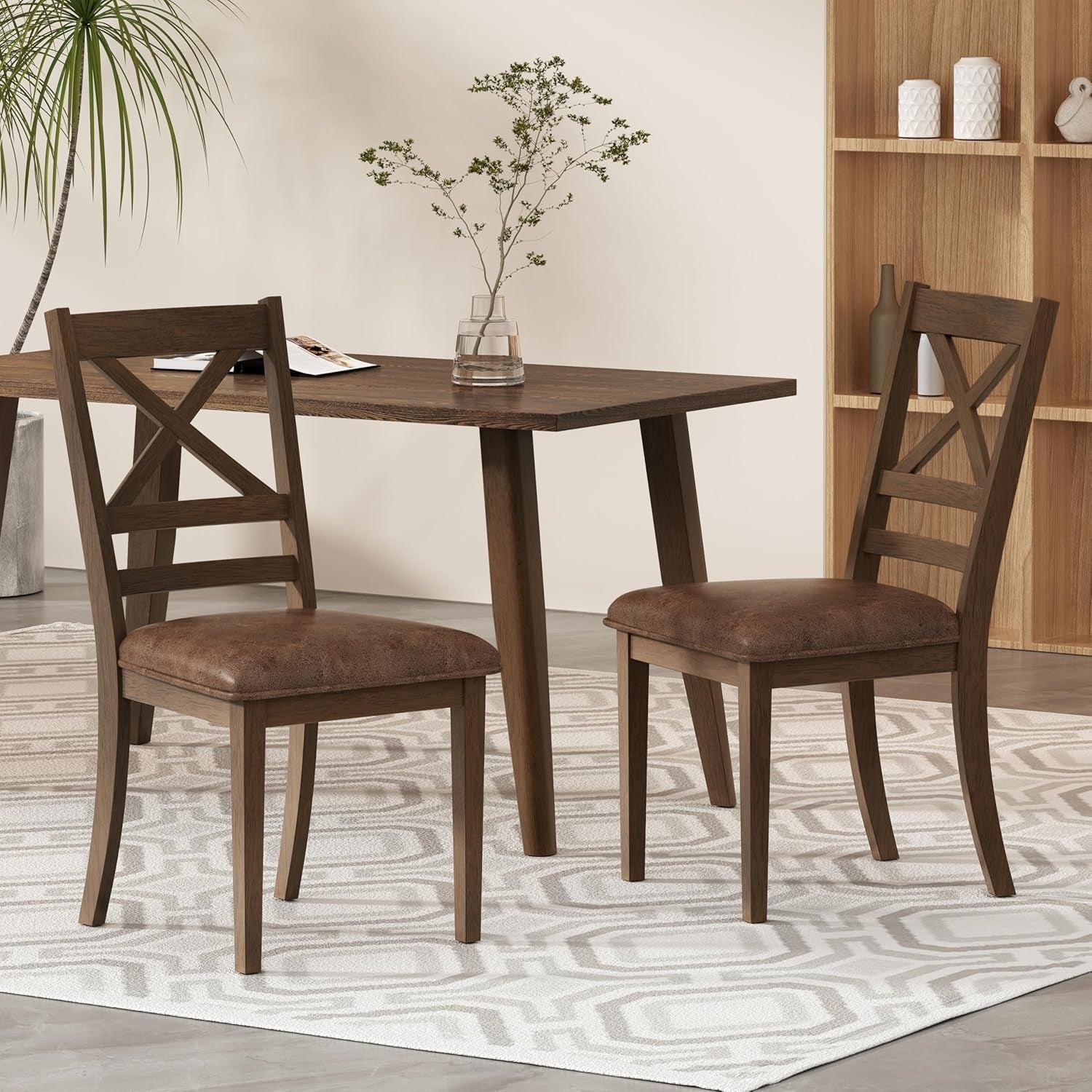 Amara Upholstered Dining Chairs Set of 2,Rubberwood Dining Chairs with Cross Back Design,Country Style Upholstered Cushion Chairs for Kitchen Dining Room Indoor, Brown-0