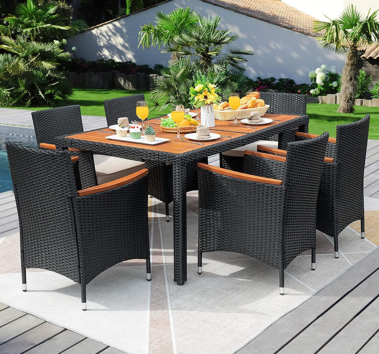 7 Piece Rattan Dining Set Wood Table-0