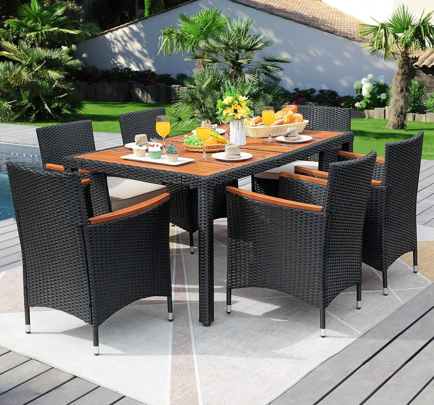 7 Piece Rattan Dining Set Wood Table-0