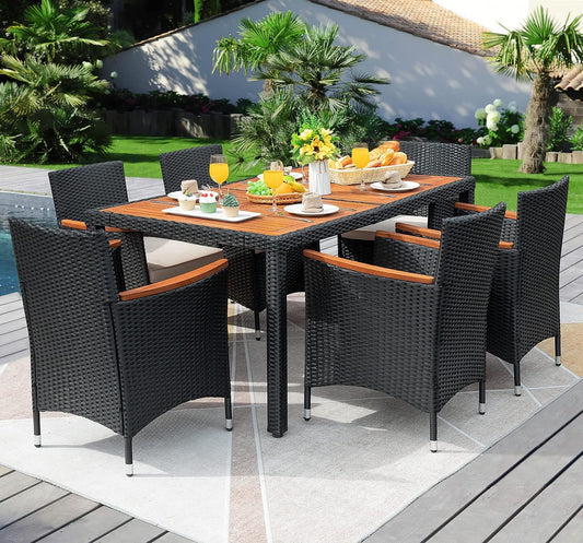 7 Piece Rattan Dining Set Wood Table-0