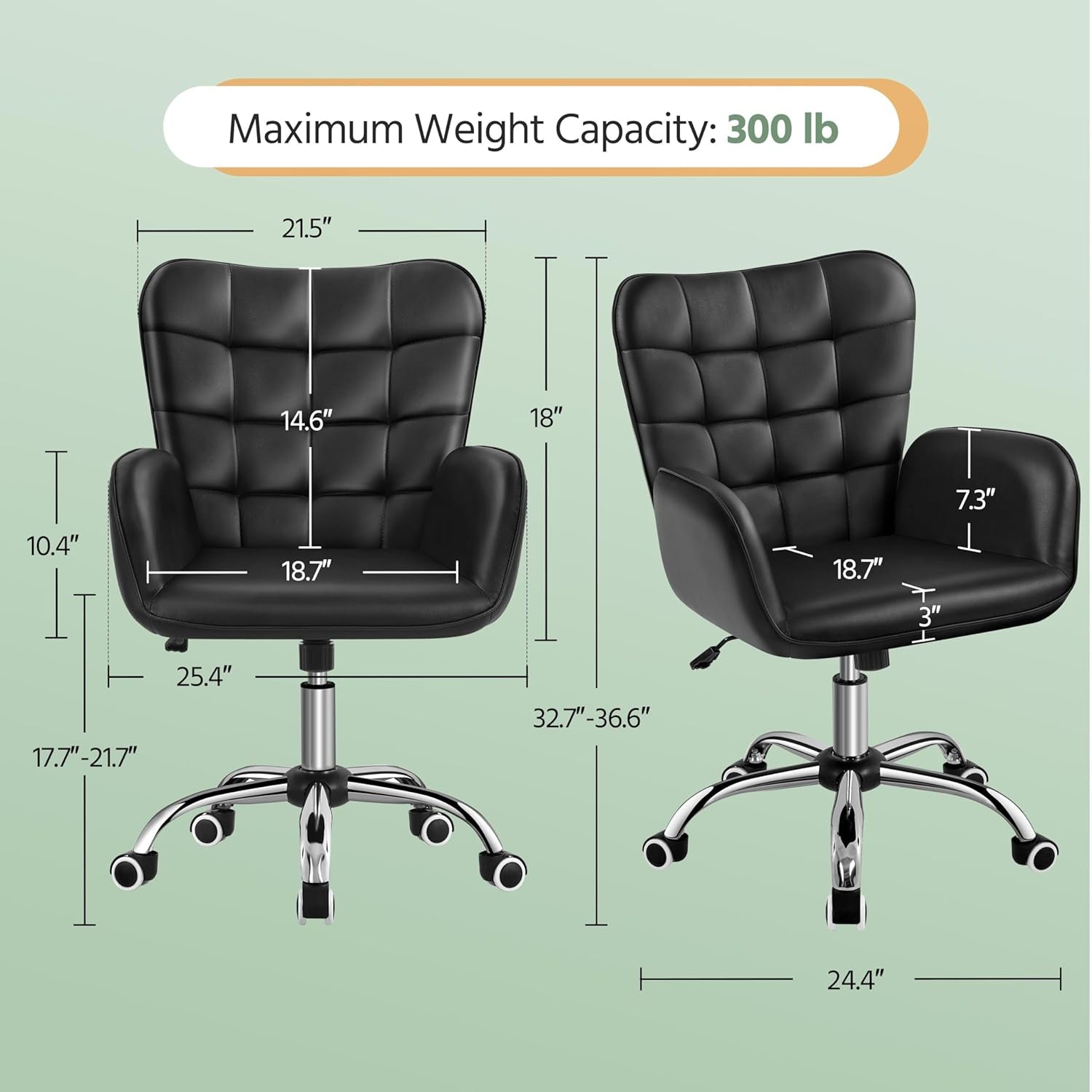 Faux Leather Office Chair Modern Vanity Chair Ergonomic Adjustable Computer Chair with Wide Seat, Padded Armrests for Living Room, Bedroom Black-2