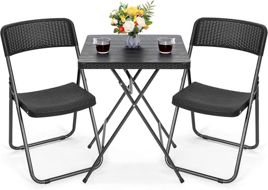 3 Piece Outdoor Folding Patio Set, Weather-Resistant Rattan Folding Patio Table and Wicker Patio Chairs for Indoors and Outdoors, Backyard, Pool, Lawn, Porch, Balcony, Black-0