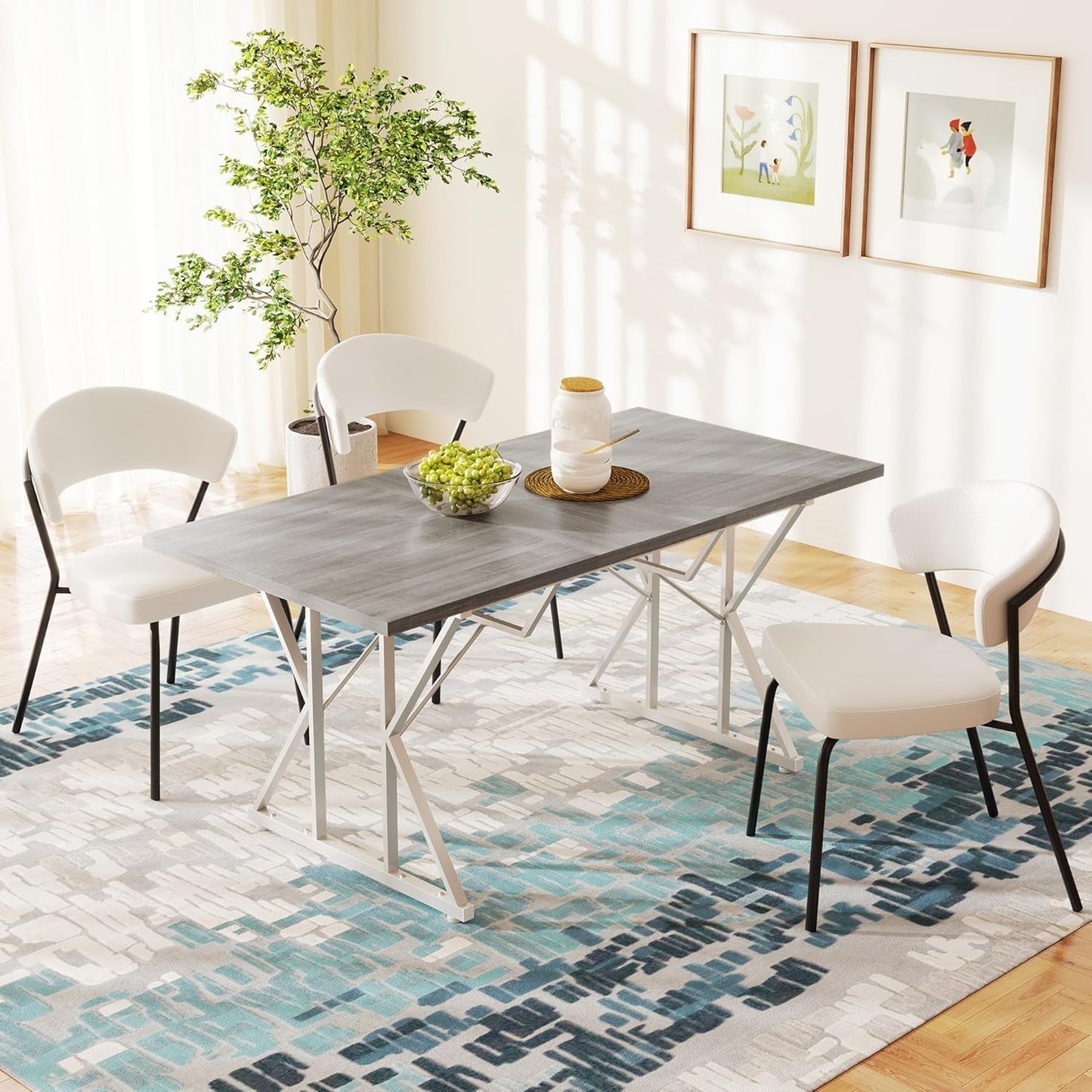 63"-47" Expandable Dining Table for 4-6 People, Farmhouse Extendable Dining Room Table with Heavy Duty Metal Trestle Base, Rectangle Kitchen Table, Distressed Gray-1