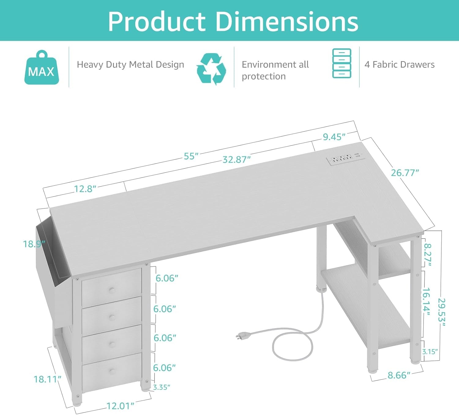 White L Shaped Desk with Drawers & Storage Shelves, 55 Inch Corner Computer Desk with Power Outlet for Home Office Bedroom, L-Shaped Teen PC Desks with Fabric Drawer, White-2