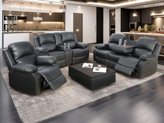Bonded Leather Reclining Sofa Set with Cup Holders and Storage Console-0