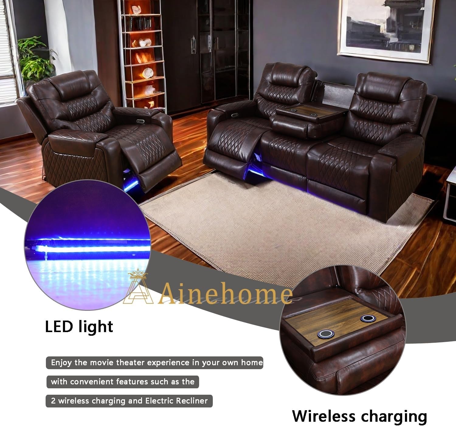 LED Power Recliner Sofa for Living Room Furniture Set, Leather Sectional Sofa Set, Reclining Sofa and Loveseat with USB Port/Storage Console/Cup Holders(Dark Brown Sofa+Chair)-2