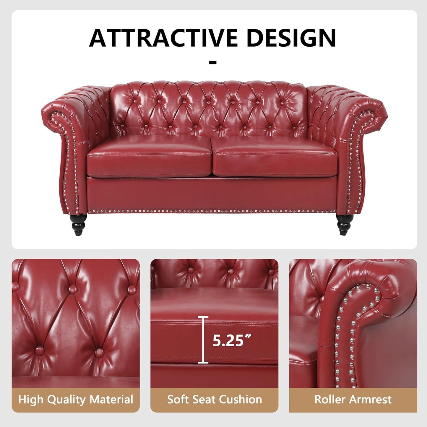 3 Piece Living Room Set, Sectional Chesterfield Sofa Chair Contemporary Upholstered Leather Loveseat Couch Sets for Living Room, Bedroom, Office-3