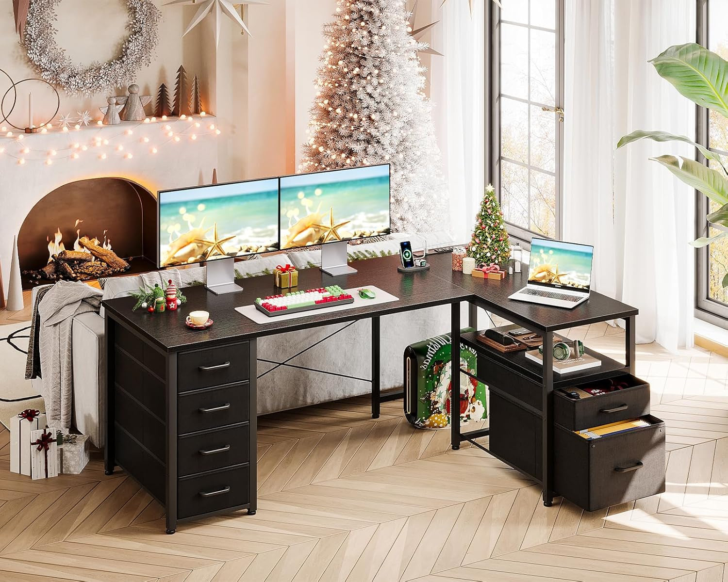 L Shaped Computer Desk with 6 Drawers & Power Outlet, 55 Inch Corner Desk with Reversible Storage Shelf & File Drawer, Home Office Desk, Black-3