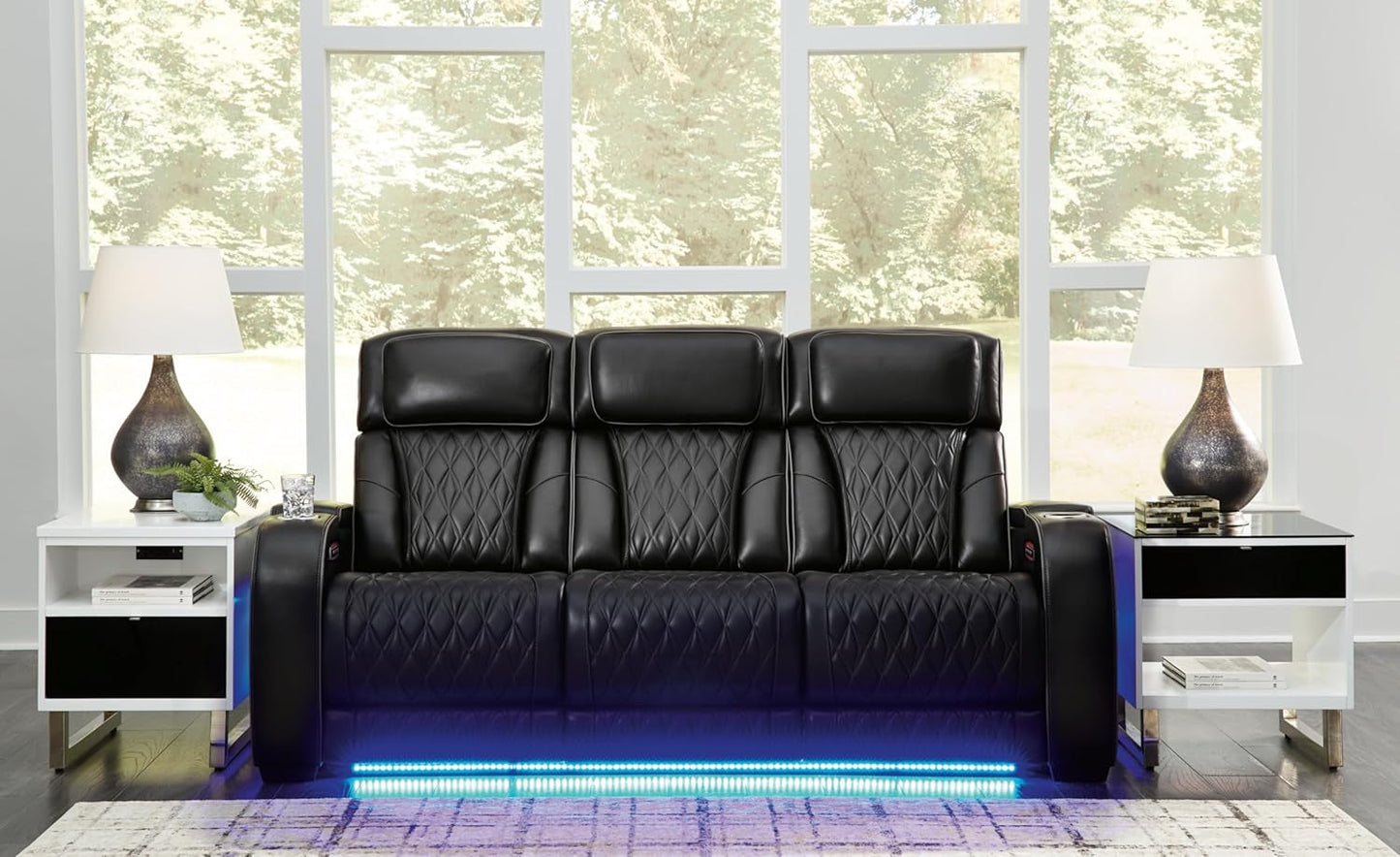 Boyington Contemporary Leather Match Power Reclining Sofa with Adjustable Headrest, Cup Holder, USB Charging Ports, Air Massage System and LED Lighting, Black-1