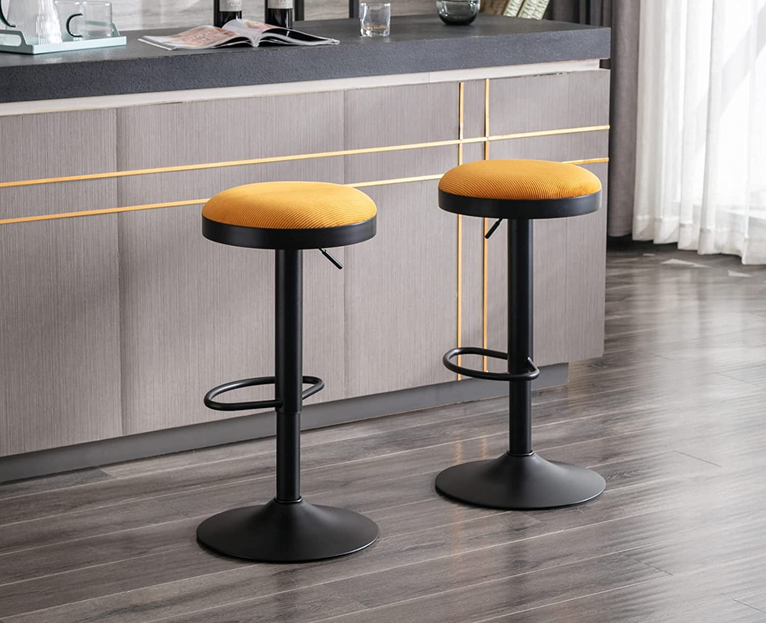 Yellow Fabric Swivel Barstools, Set of 2-0