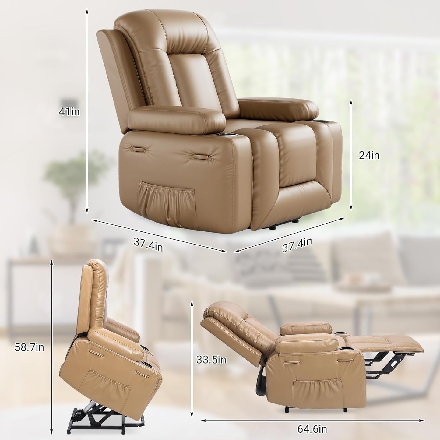 Power Lift Recliner Chair PU Leather with Massage for Elderly Ergonomic Lounge Chair Classic Single Sofa with 2 Cup Holders Side Pocket (Earthy Yellow, 22" Seat Width + Cup Holder)-2