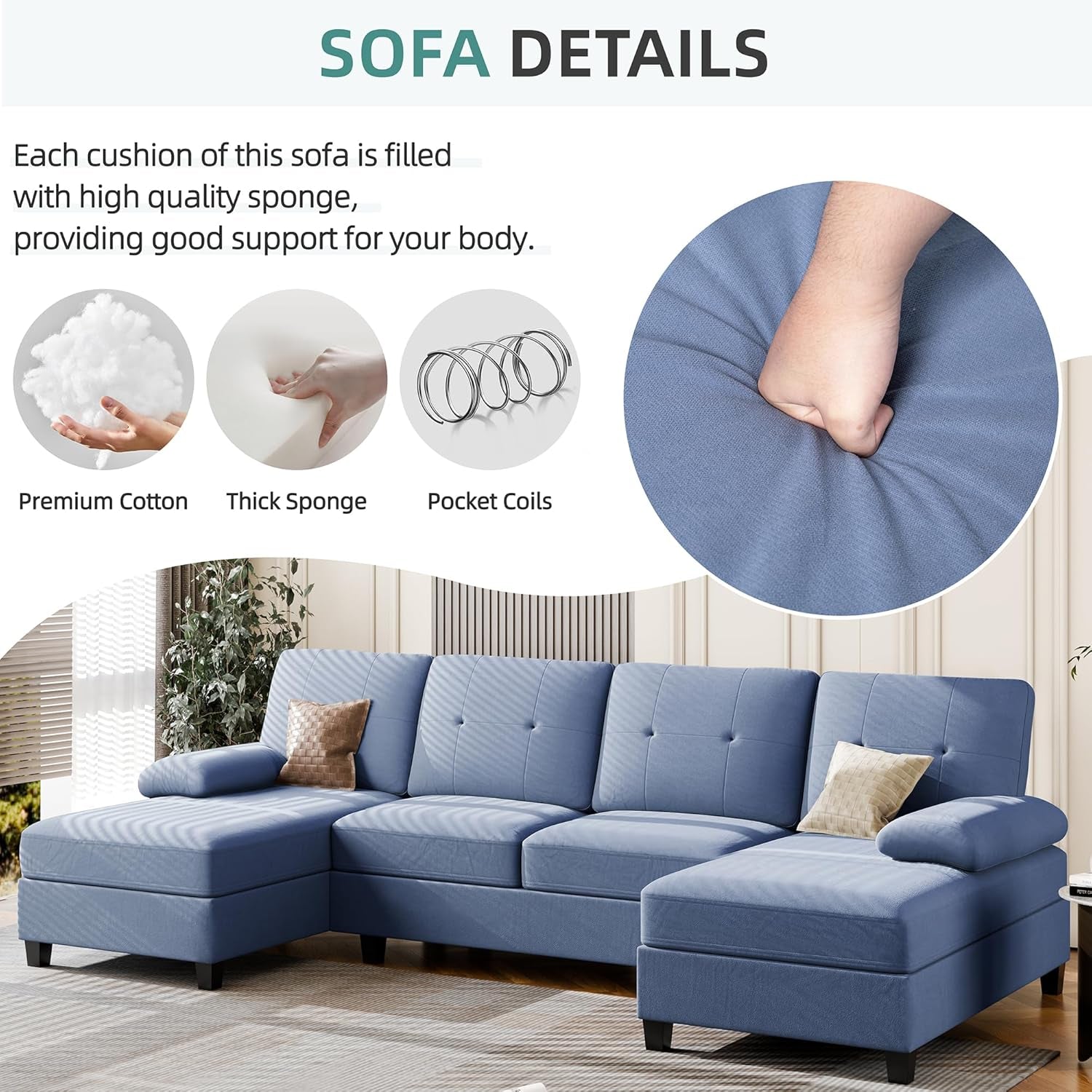 Sectional Sofa Couches for Living Room, U Shaped Sofa Living Room Furniture Sets, 4 Seat U Shaped Sofa Sectional Couch with Chaise, Blue-2