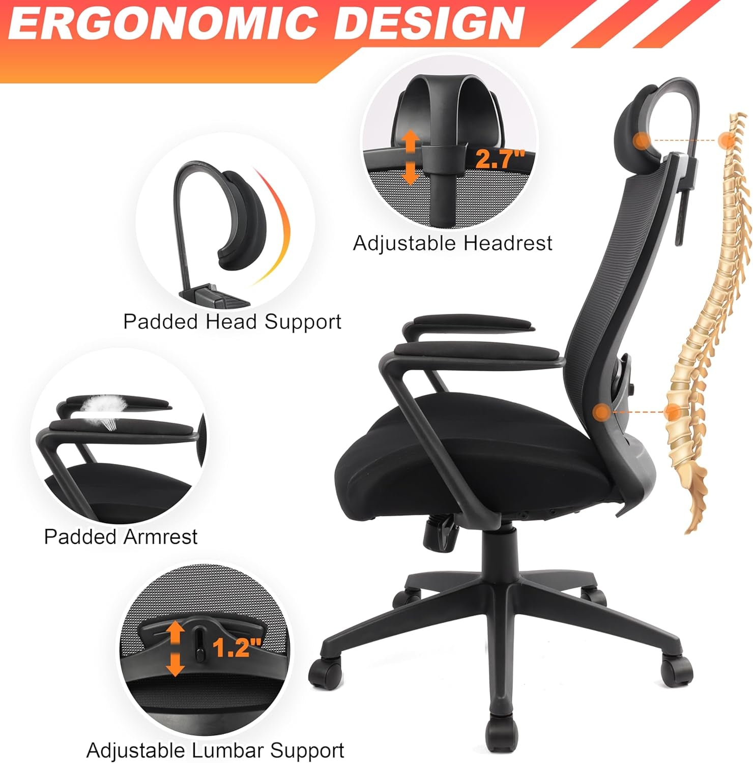 Ergonomic Office Chair for Big and Tall People, 400Lb Computer Desk Chair with Adjustable 2D Headrest, Lumbar Support & Armrests, 5 Inch Thick Foam Cushion Seat, Mesh Rolling Chair for Work & Gaming-4