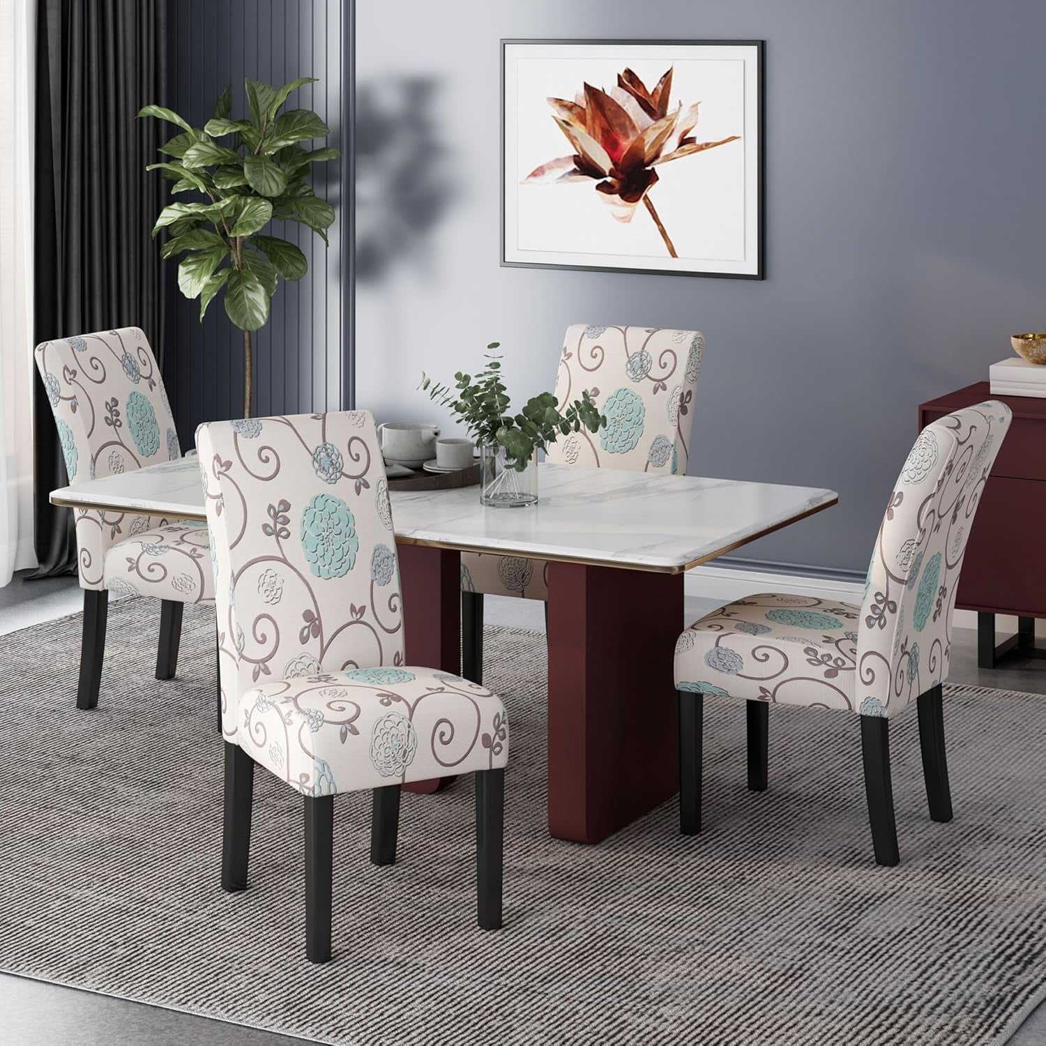Evangeline Contemporary Fabric Dining Chairs (Set of 4), 17.5D X 26.75W X 39H Inch, Light Beige with Blue Floral, Espresso-0