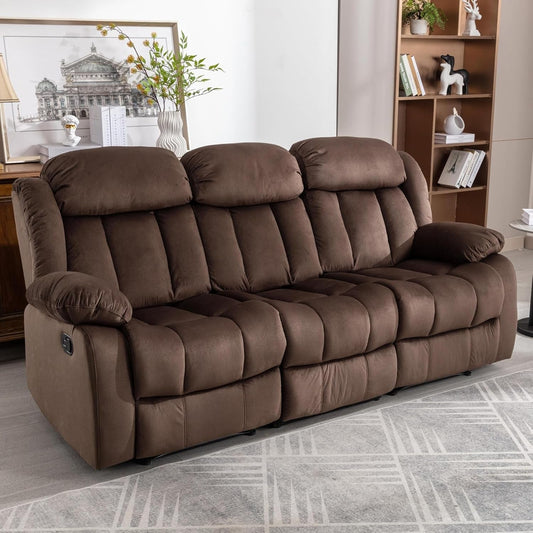 Manual Recliner Chair, Classic 3 Seat Reclining Sofa with Overstuffed Arms and Backrest for Living Room, Bedroom, Sofa, Brown-0