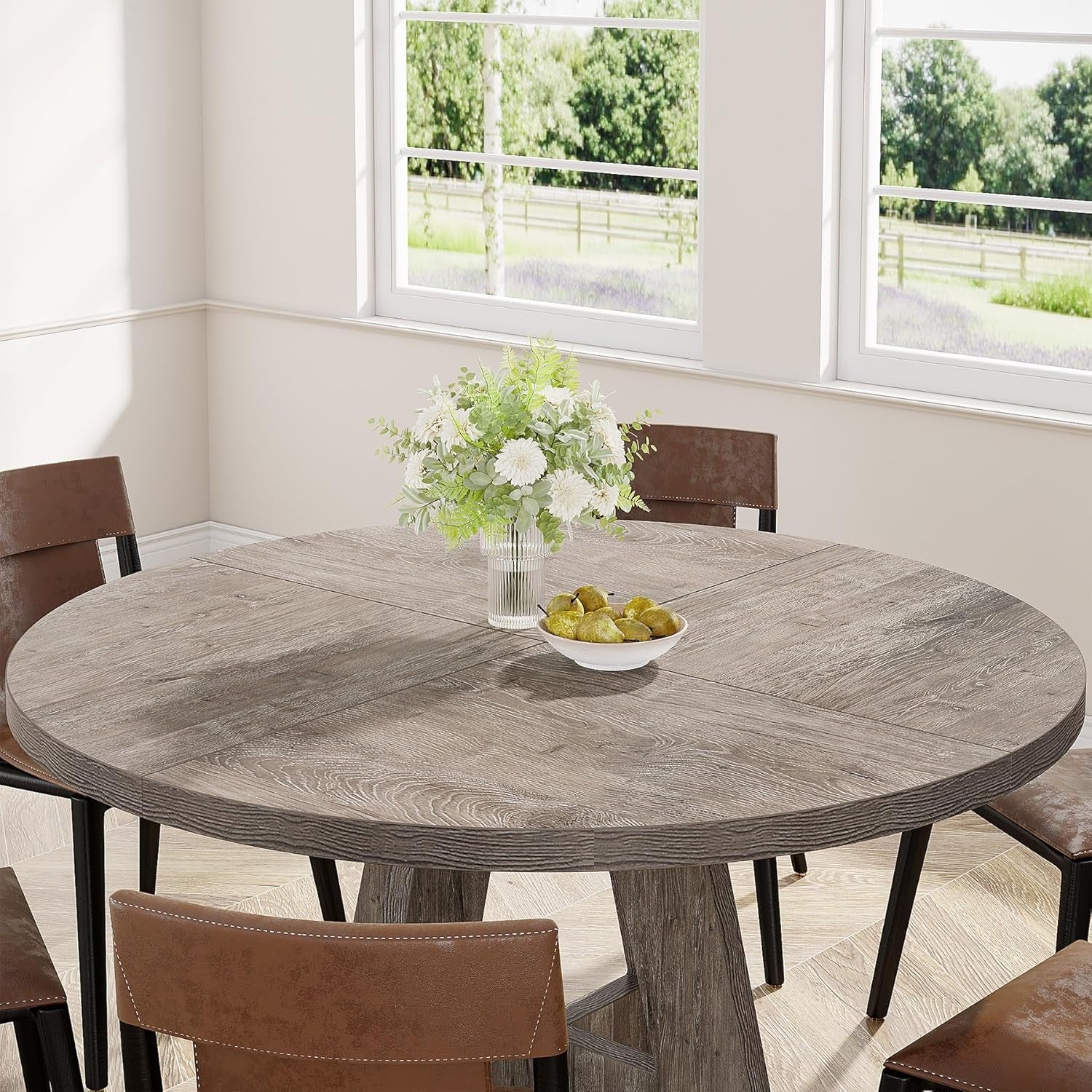 round Dining Table Wood Kitchen Table for Dining Room Living Room, 47 Inches Dining Room Tables for 4 Person, Farmhouse Dinner Table with Wooden Table Top and Legs, Rustic Grey(Only Table)-3
