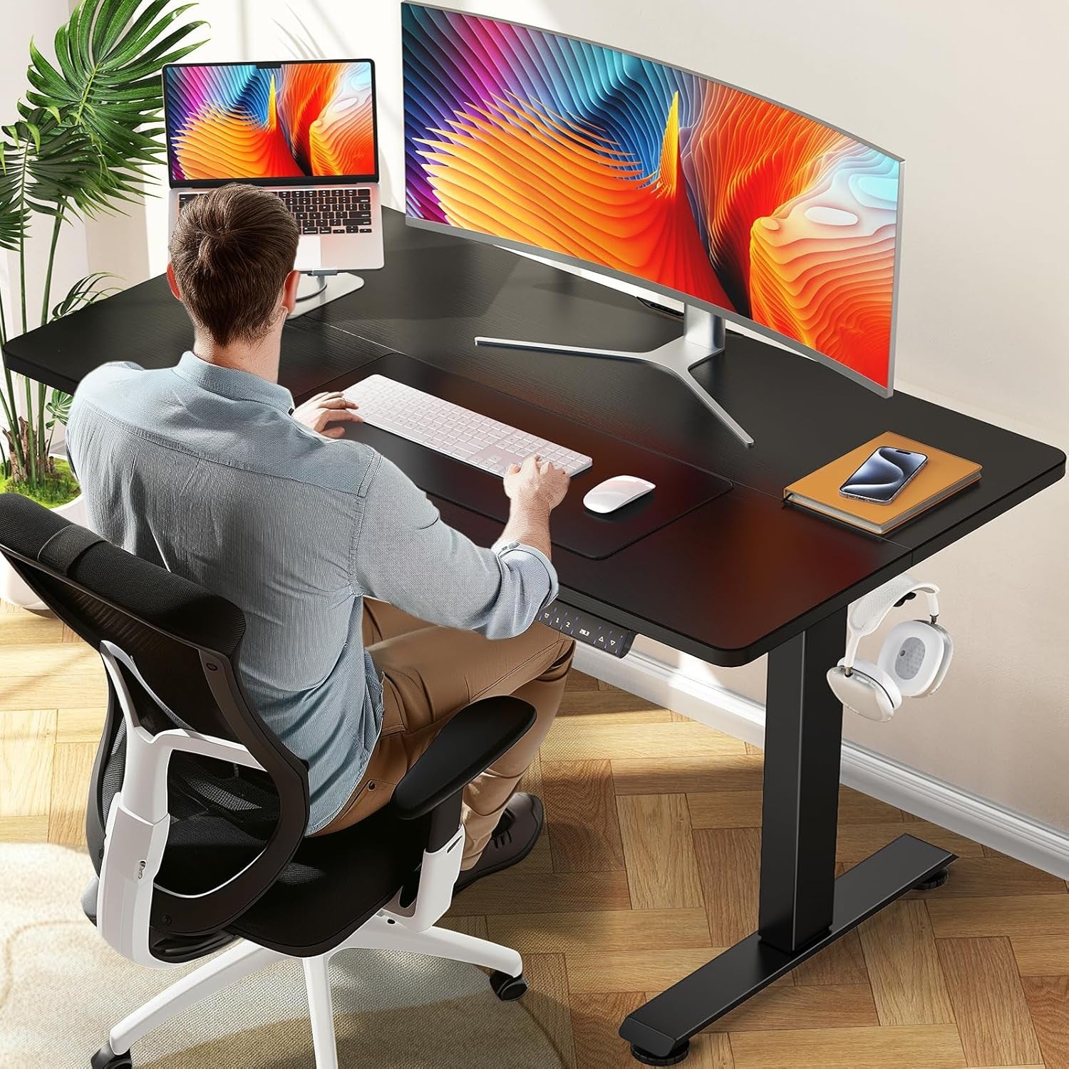 47.2 Inch Electric Standing Desk, Height Adjustable Sit Stand Up, Wood Desktop, Work Home Office Computer PC Table, Tall Standup Workstation, Gaming Writing Study Bedroom Rising Desks, Black-0
